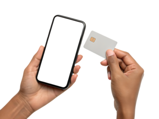 Two hands holding a smartphone with a blank white screen and a credit card, cutout, PNG isolated on transparent background