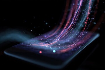 Data Flow: A captivating shot shows data streams emerging from a handheld device, illuminating its sleek form. An evocative digital concept, perfect for illustrations on information and communication.