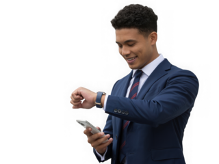 Smiling man in dark blue suit checks smartwatch and phone business professional lifestyle
