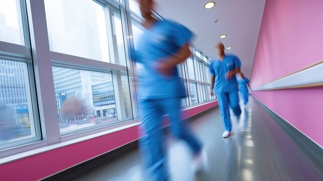 Medical professionals in motion in hospital corridor with city view