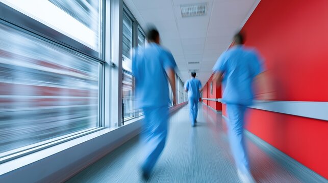 Blurred motion of medical staff in hospital corridor with red walls - Powered by Adobe