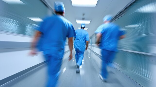 Three medical professionals in scrubs walking through hospital corridor