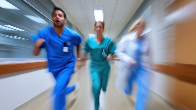 Emergency response team rushing in hospital corridor