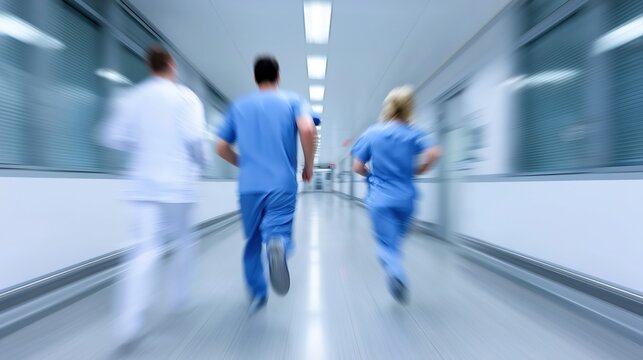 Medical staff in scrubs rushing down hospital corridor