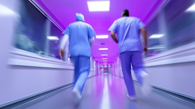 Male healthcare professionals rushing in hospital corridor with purple light - Powered by Adobe