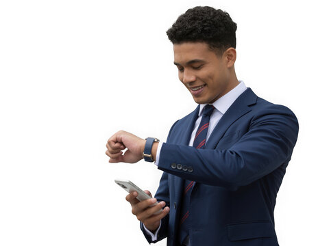 Smiling man in dark blue suit checks smartwatch and phone business professional lifestyle