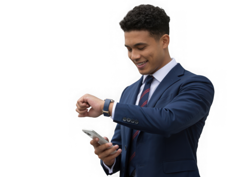 Smiling man in dark blue suit checks smartwatch and phone business professional lifestyle