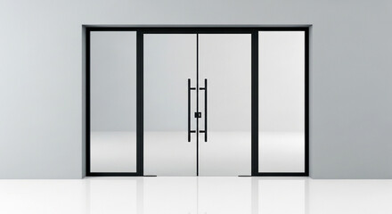 Sleek modern double glass doors with minimalist black frames, inviting entry to bright interior spaces