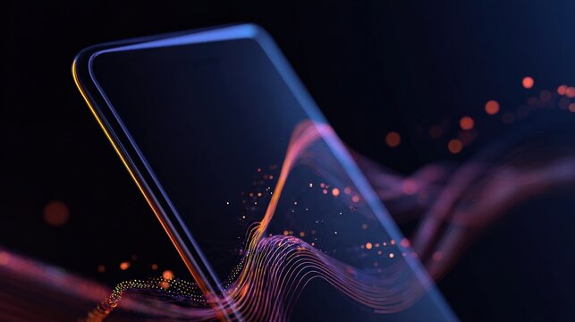 Smartphone Technology in a Modern World: A sleek smartphone sits in the spotlight, its screen glowing with vibrant colors. The phone is surrounded by abstract patterns.