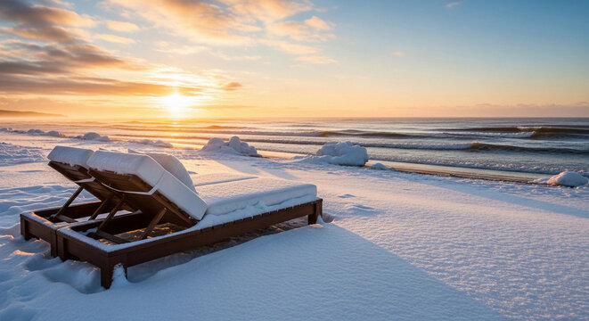 A snow-covered lounge sunbed chair sits on a beach at sunset. The ocean waves gently lap at the shore, creating a serene winter scene.