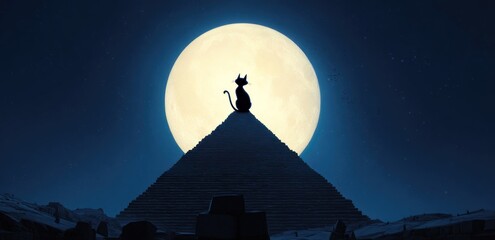 Silhouette of cat on pyramid under the moon at night