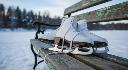 White ice skates resting on a weathered bench in a snowy landscape. Trees are visible in the background, creating a serene winter scene.