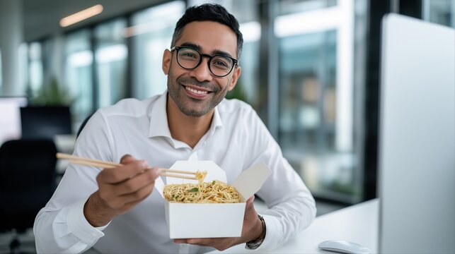 Young hispanic male enjoying noodles with chopsticks in office setting