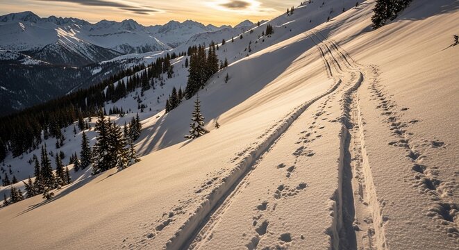 Snow-covered mountain landscape with ski tracks leading through the pristine white snow. The sun sets behind the distant peaks, creating a serene winter scene.