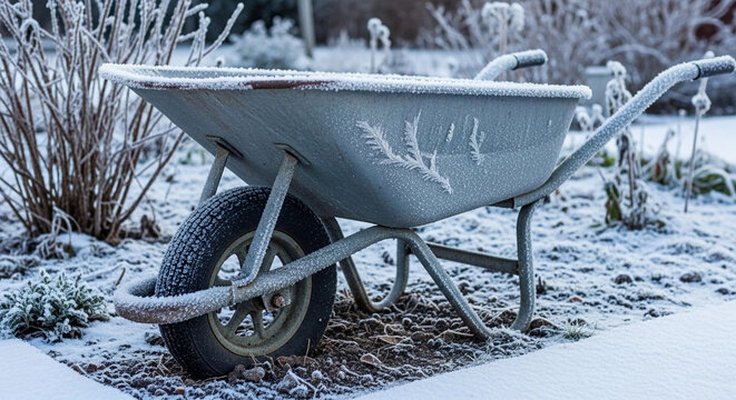 A gray wheelbarrow covered in frost sits in a snowy garden. Surrounding plants are also frosted, creating a winter scene.