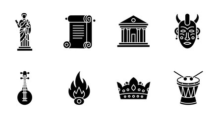 Set of iconic ancient symbols in silhouette style featuring musical instruments and architecture