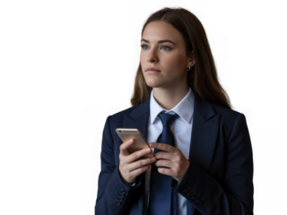 Young woman in navy suit and white shirt holding smartphone looking away thoughtfully