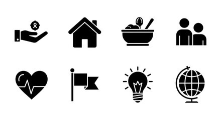 Minimalist black icons set: wellness, home, dining, community, health, goals, ideas, global