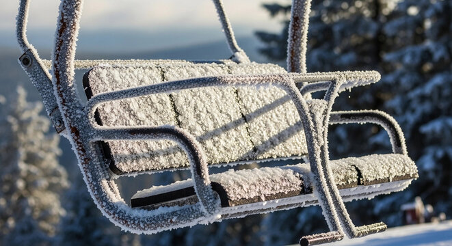 A frosted ski lift chair sits against a backdrop of snow-covered trees. The scene captures the essence of winter sports and outdoor activities. - Powered by Adobe
