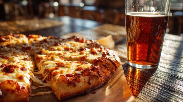 Close-up of Melting Cheese Pizza with Craft Beer on Rustic Table