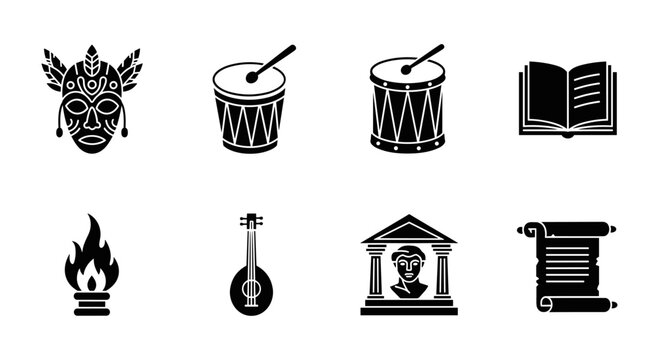 Cultural icons in black silhouette: mask, drums, books, fire, musical instrument, museum, scroll