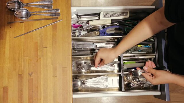 A teenager is sorting and organizing clean metal utensils into a kitchen drawer after washing dishes, showing tidiness and daily household routine in a modern kitchen environment