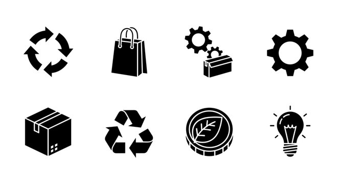 Eco-friendly icon set featuring recycling, shopping, and green energy symbols