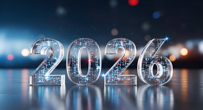 Futuristic Style Transparent Numbers 2026 Embedded Blue Red Glowing Circuit Board Lines Digital Technology Theme Blurred Bokeh City Background Happy New Year Merry Christmas Eve Celebration Event Temp
