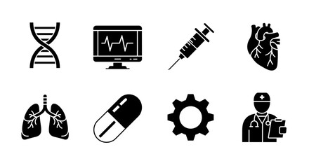 Medical silhouette icons: dna, heartbeat monitor, syringe, heart, lungs, capsule, gear, doctor