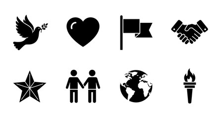 Peace and unity icons: dove, heart, flag, handshake, star, friends, earth, torch