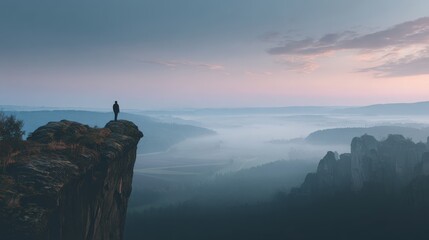 Vantage Point: Silhouette of a person standing atop a rugged cliff, gazing out at a serene landscape swathed in mist, inspiring contemplation and a sense of vastness.