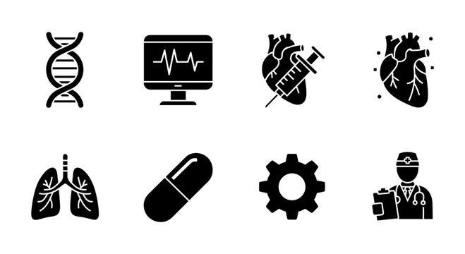 Medical and healthcare icons set featuring heart, dna, and medical equipment - Powered by Adobe
