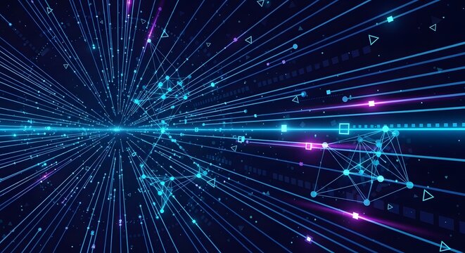 Abstract digital network of glowing lines and nodes representing data and connectivity