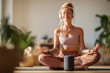 Young woman meditating with smart speaker in serene space