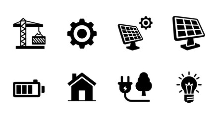 Sustainable energy icons: construction, solar panels, and eco solutions