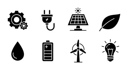 Sustainable energy and eco-friendly technology icons in bold silhouette style