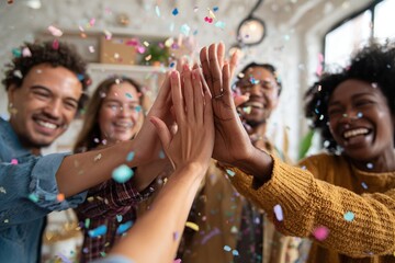 Friends celebrating with high-fives and confetti