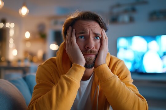 Worried man sitting on couch in cozy living room