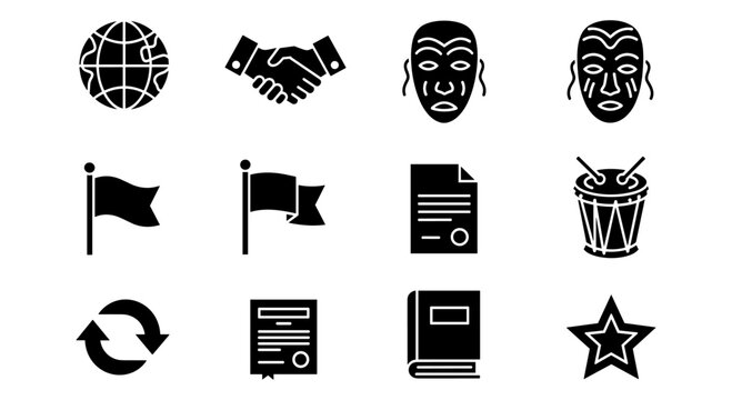 Stylized icons: global, business, culture, and more in bold silhouettes