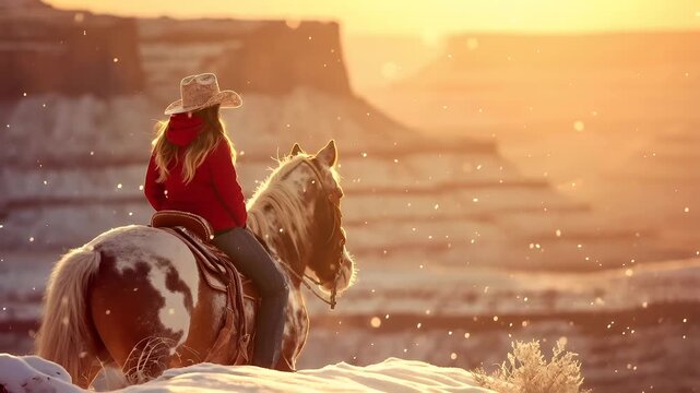 A woman in a red jacket and cowboy hat rides a horse through a snowy landscape. The scene is bathed in a warm, golden light, with snowflakes gently falling from the sky.