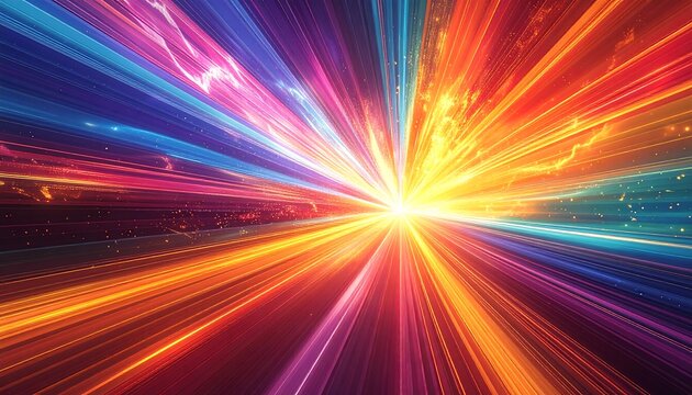 Abstract radial burst of colorful light streaks emanating from a central, brilliant white point