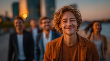 Confident young man with a vibrant smile leads a diverse team through a modern cityscape at sunset, embodying success and collaboration.