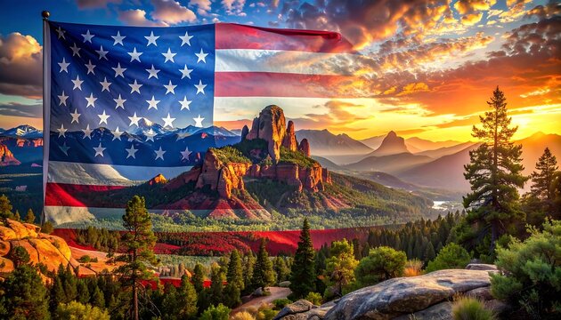 American flag overlaid on a scenic mountain range at sunrise, nature, forest, sky and trees