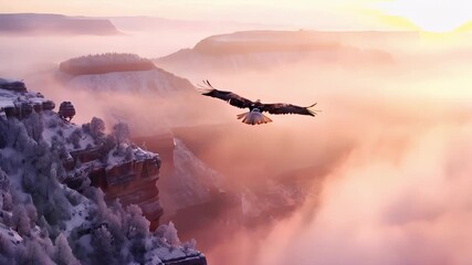 A vivid portrayal of a majestic eagle in flight against a backdrop of a misty, mountainous landscape. The eagle is captured in a side profile, with its wings spread wide.
