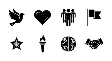 Icon set featuring peace dove, heart, and global unity with minimalist silhouette designs