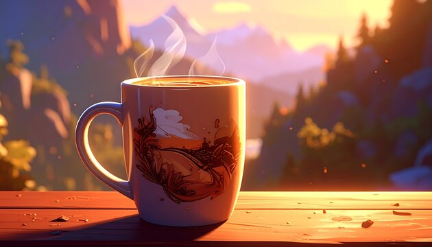 A steaming mug sits on wood with mountains in the background at sunrise. Dreamy, warm, and atmospheric