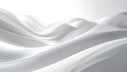 Abstract smooth white waves cascade in undulating layers, creating a dynamic, flowing, and elegant composition
