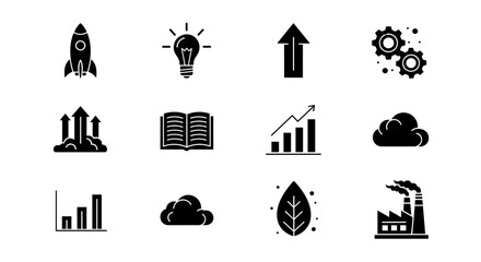 Black silhouette icons of innovation, growth, and sustainability concepts