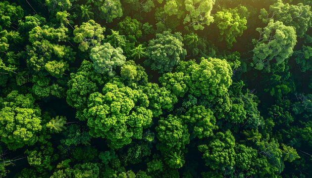 An aerial view of a lush, vibrant forest with sunlight dappling through the thick canopy