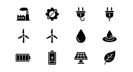 Sustainable energy icons in black silhouette style featuring renewable power and eco-friendly elements